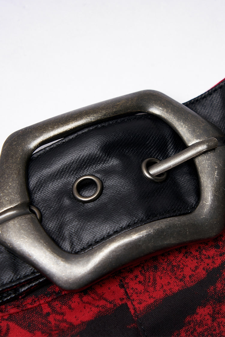 Black/Red Abstract Print Metal Buckle Leather Buckle Women's Steampunk Skirt - Product - 6