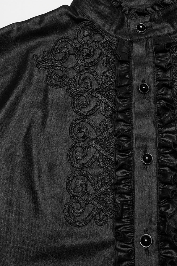 Black Stand Collar Long Sleeves Ruffle Embroidery Men's Gothic Blouse - Product - 5