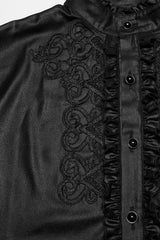 Black Stand Collar Long Sleeves Ruffle Embroidery Men's Gothic Blouse - Product - 5