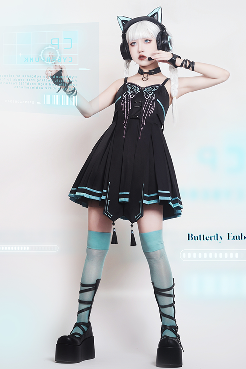 Black Sense Of Technology Butterfly Ember High Waisted Gothic Lolita JSK Dress Full Set - Product - 4