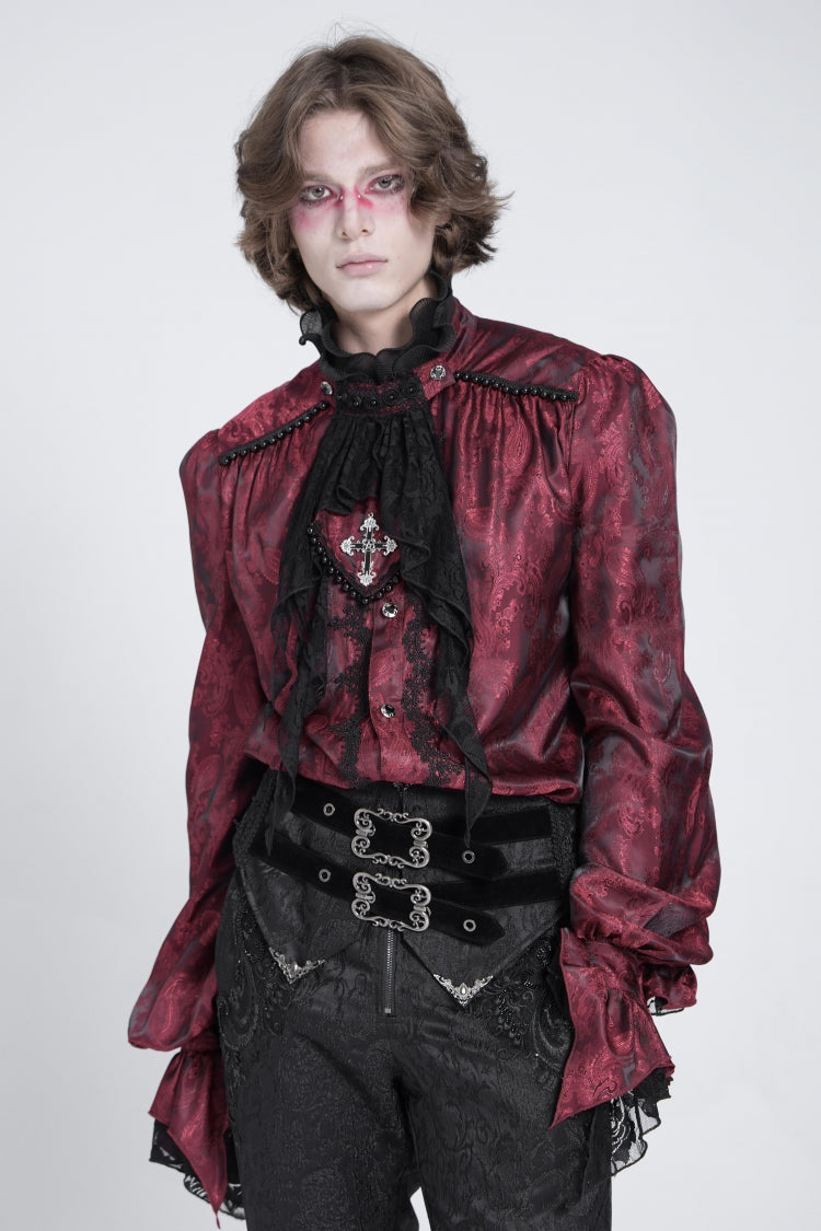 Red Long Puff Sleeves Men's Gothic Blouse with Lace Necktie - Product - 2
