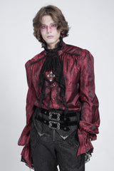 Red Long Puff Sleeves Men's Gothic Blouse with Lace Necktie - Product - 2