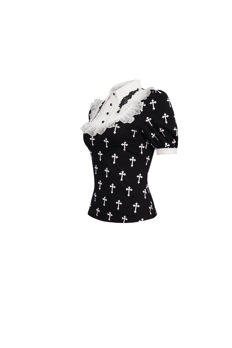 Black/White Cross Printed Chest Paneled Chiffon With Lace Collar Applique? Lace Strap Pendant Women's Punk Shirt - Product - 8