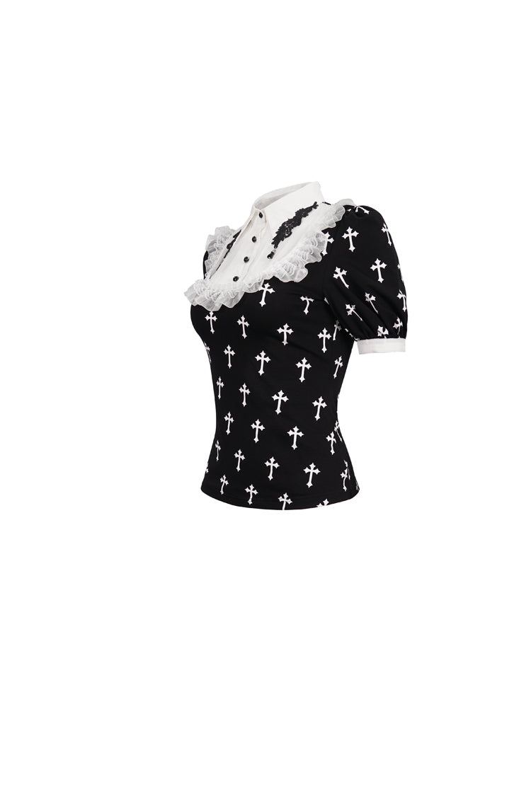 Black/White Cross Printed Chest Paneled Chiffon With Lace Collar Applique? Lace Strap Pendant Women's Punk Shirt - Product - 8