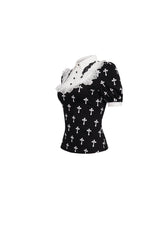 Black/White Cross Printed Chest Paneled Chiffon With Lace Collar Applique? Lace Strap Pendant Women's Punk Shirt - Product - 8