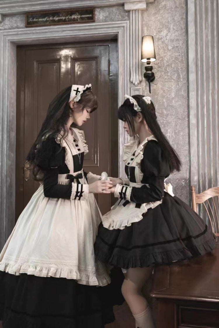 Black Maid Lapel Collar Short Sleeves Ruffle Sweet Classic Lolita Dress (Short or Long Version) - Product - 4