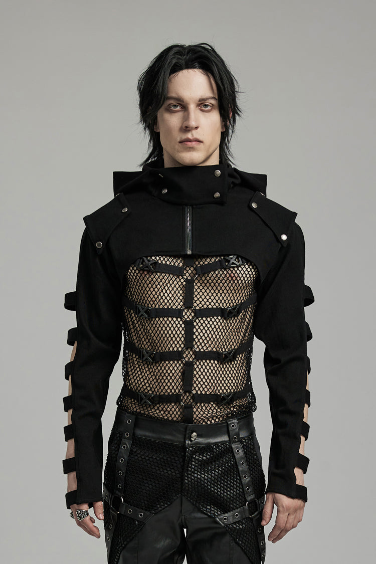 Black Stand Collar Hooded Cutout Men's Punk Jacket - Black - 1