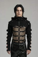 Black Stand Collar Hooded Cutout Men's Punk Jacket - Black - 1