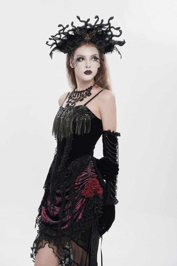 Black Lace-Up Women's Gothic Embroidered Tassels  Overbust Corset - Product - 11