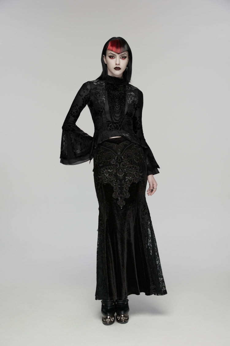 Black Stand Collar Long Trumpet Sleeves Jacquard Printed Lace Lace-Up Slim Pearl-Decorated Women's Gothic Palace Blouse - Product - 5