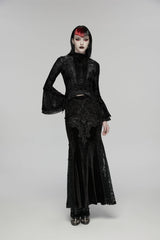 Black Stand Collar Long Trumpet Sleeves Jacquard Printed Lace Lace-Up Slim Pearl-Decorated Women's Gothic Palace Blouse - Product - 5