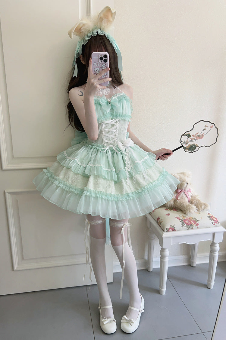 Green Halterneck Triple-Layered Bowknot Lace Sweet Lolita Jsk Dress - Product - 6