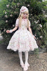 White/Pink Sleeveless Flower Wall Print Ruffle Bowknot Lace Sweet Lolita Jsk Dress - Product - 23