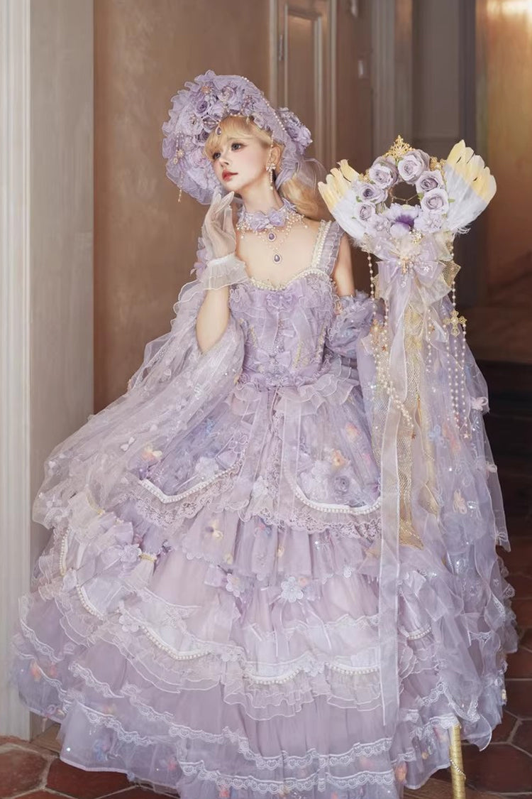 Purple [The Runaway Princess] Sleeveless Multi-Layered Printed Hanayome Bow Lace Pearl-Decorated Sweet Plus Size Gorgeous Lolita Jsk Dress - Purple - 1