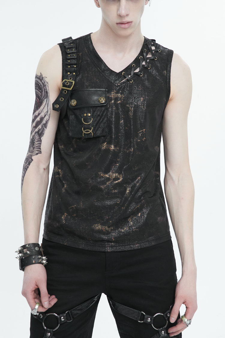 Black Personalized Print Big Pocket Buckle Men's Punk Tank Top - Black - 1