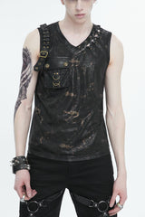 Black Personalized Print Big Pocket Buckle Men's Punk Tank Top - Black - 1