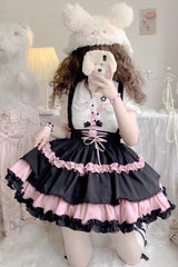 Strappy Doll Collar Ruffle Sweet Lolita Tiered Skirt 7 Colors - Black/Pink - 6