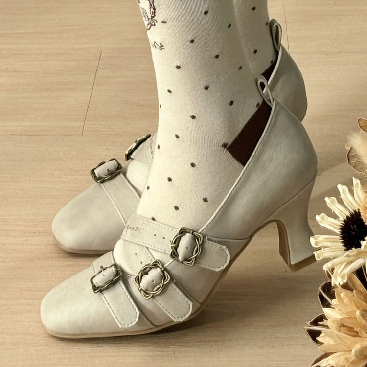 Square-Toe Cross Bandage High Heel Lolita Shoes 3 Colors - Beige - 4