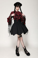 Red Multi-Layered Frilly Lace Long Hime Sleeves Lace-Up Women's Gothic Blouse - Product - 6