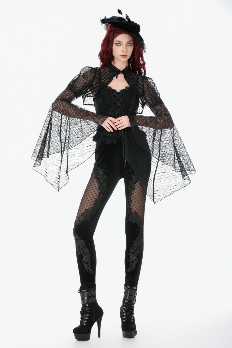 Black Women's Gothic Floral Decal Fishnet Mesh Patchwork Velvet Leggings - Product - 6