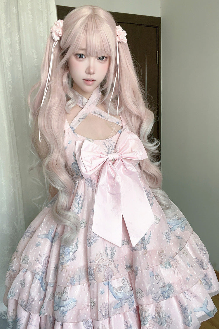 [Ocean Sweetheart] Halterneck Sleeveless Triple-Layered Printed Ruffled Bow Lace Sweet Lolita Strap Dress 5 Colors - Product - 6