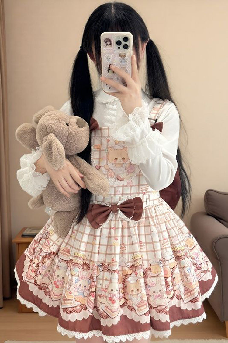 [Bear Cake] Sleeveless Print Bowknot Lace Doll-Style Sweet Lolita Suspender Dress 3 Colors - Brown - 1
