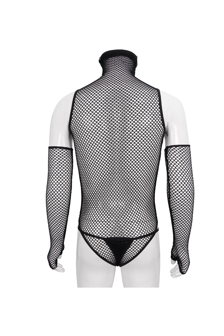 Black Transparent Mesh Sexy Super High Collar Masked Glove Thong Men's Punk Onesie - Product - 9