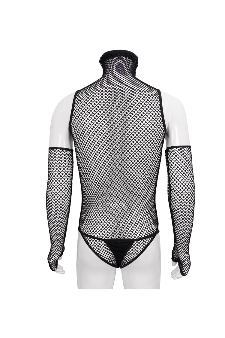 Black Transparent Mesh Sexy Super High Collar Masked Glove Thong Men's Punk Onesie - Product - 9