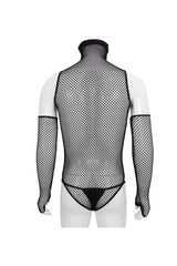 Black Transparent Mesh Sexy Super High Collar Masked Glove Thong Men's Punk Onesie - Product - 9