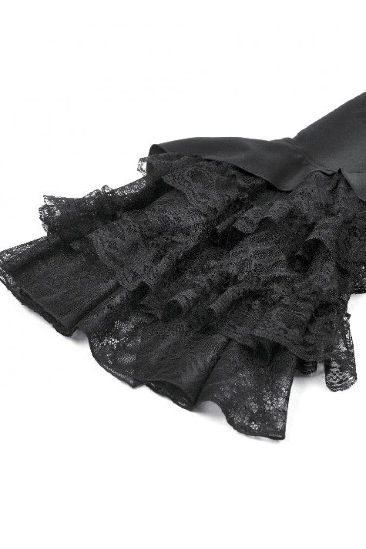 Black Stand Collar Long Trumpet Sleeves Multi-Layered Ruffled Lace Patchwork Lace-Up Women's Victorian Gothic Blouse - Product - 15
