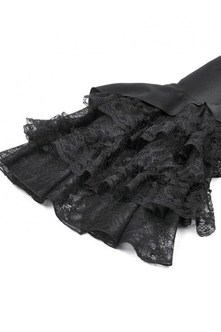 Black Stand Collar Long Trumpet Sleeves Multi-Layered Ruffled Lace Patchwork Lace-Up Women's Victorian Gothic Blouse - Product - 15