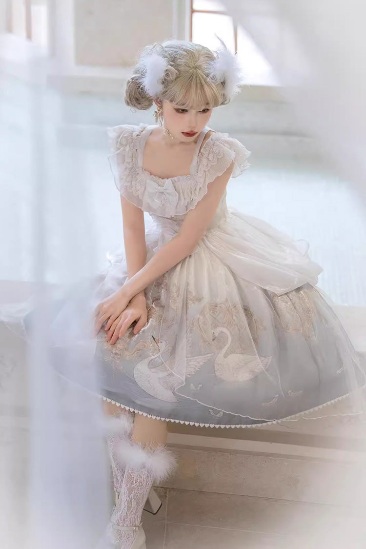 White/Blue [Flower and Letter] Swan Lake Print Ruffle Bowknot Elegant Lolita Jsk Dress - Product - 5