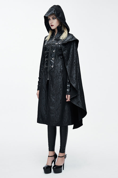 Black Punk Hooded One Side Shawl Gothic Pattern Womens Leather Long Coat - Product - 3
