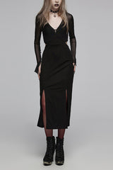 Black V Collar Long Sleeves Hollow Stitching Mesh Women's Gothic Dress - Black - 1