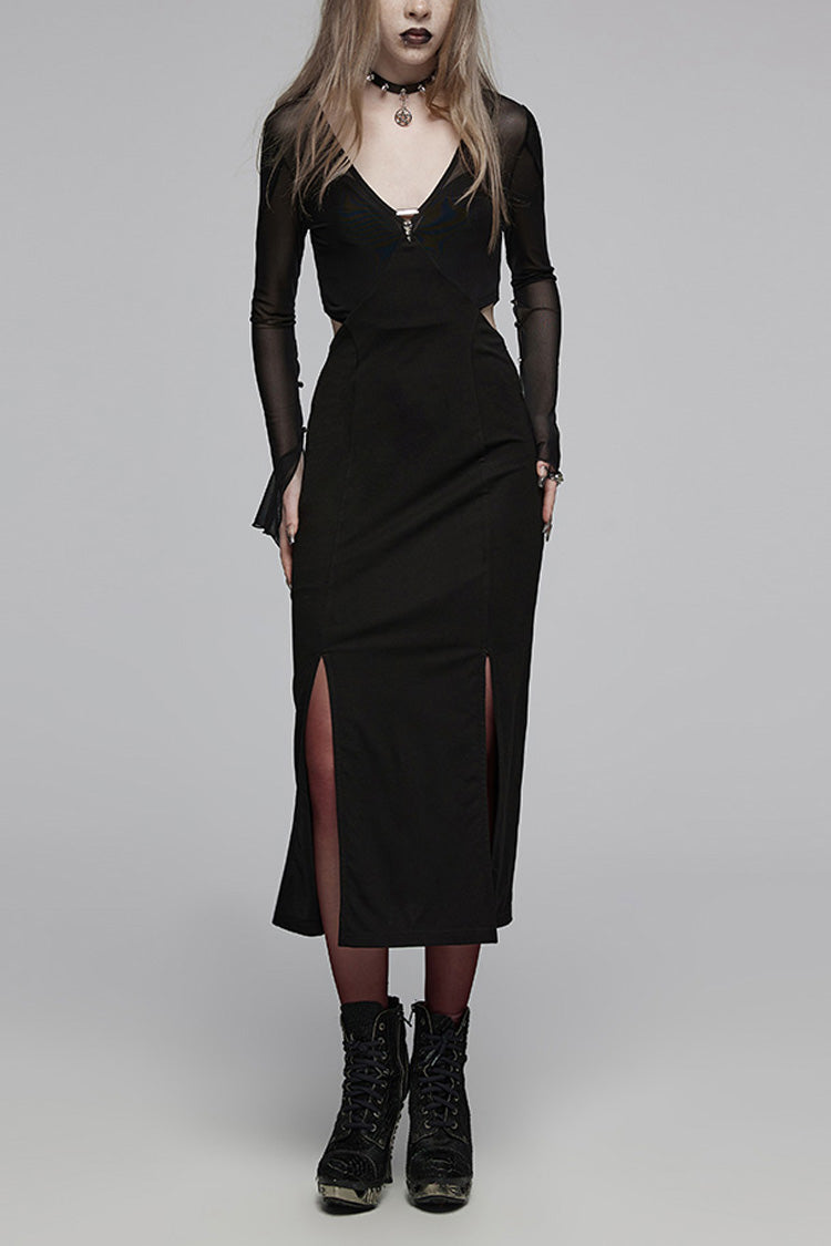 Black V Collar Long Sleeves Hollow Stitching Mesh Women's Gothic Dress - Black - 1