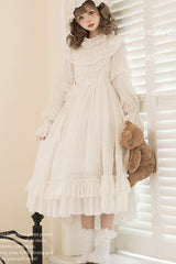 White [Good Night] Long Sleeves Double-Layered Ruffle Bowknot Lace-Up Holy Sweet Lolita Dress - Product - 3