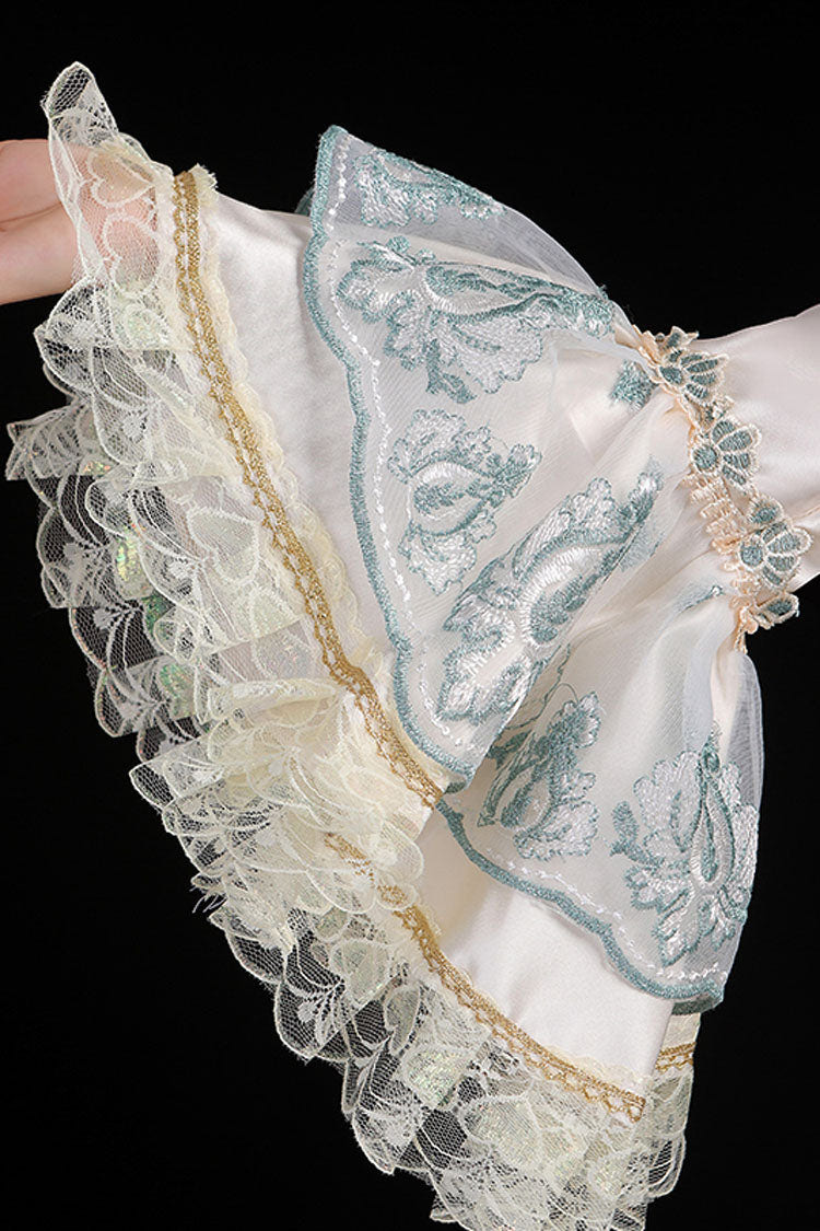Blue/Champagne Trumpet Sleeves High Waisted Ruffled Multi-Layer Hollow Embroidery Print Victorian Lolita Prom Dress - Product - 5