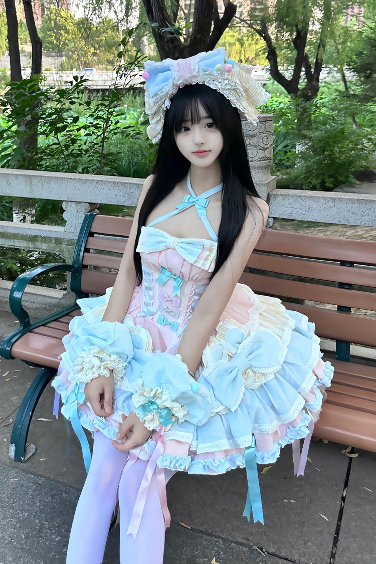 Ribbon Dance Multi-Layered Ruffle Bowknot Lace-Up Sweet Princess Lolita Dress