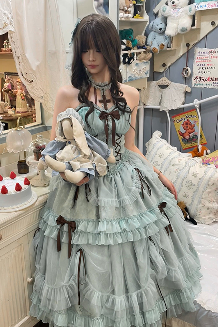 Mint Green Cross Halterneck Ruffle Bowknot Lace Lace-Up Princess Sweet Lolita Dress - Product - 7