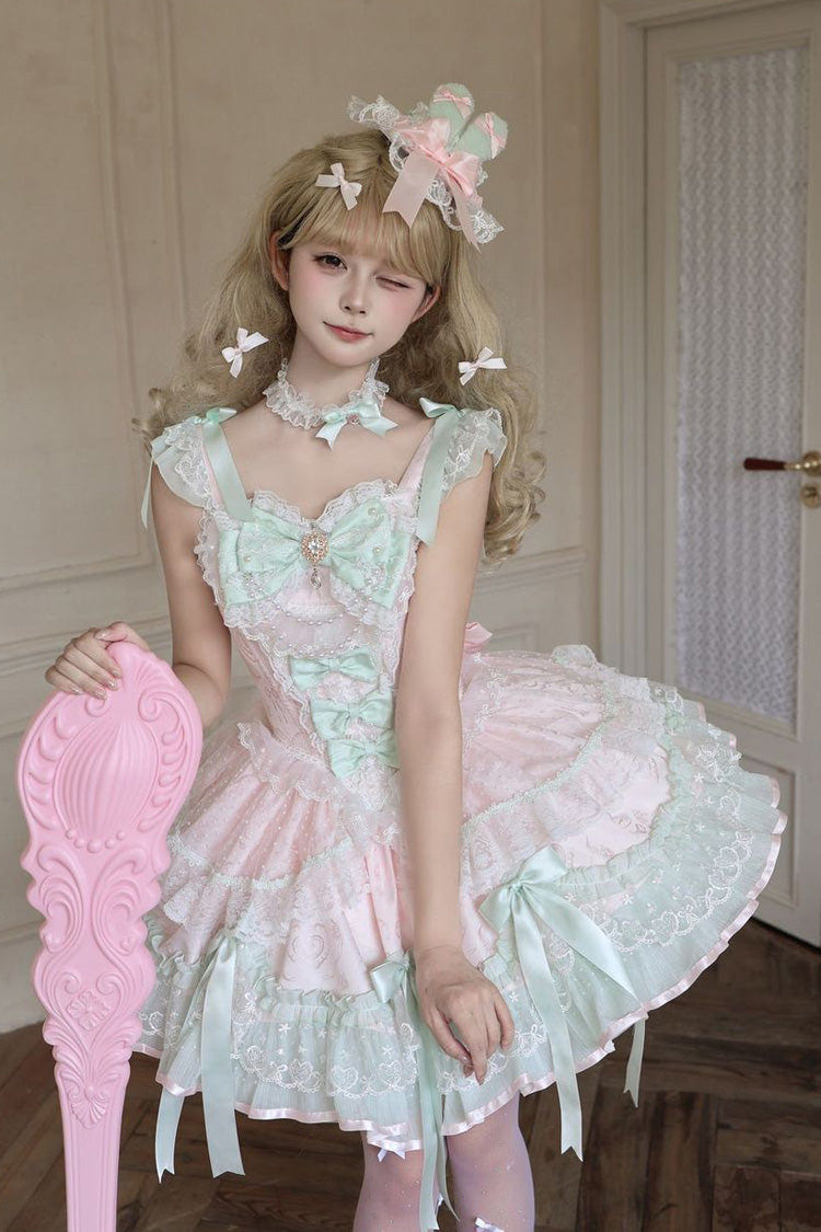 Pink [Candy Satin Ballet] Square Collar Sleeveless Multi-Layered Ruffled Bow Lace Pearl Detail Sweet Lolita Jsk Dress - Product - 2