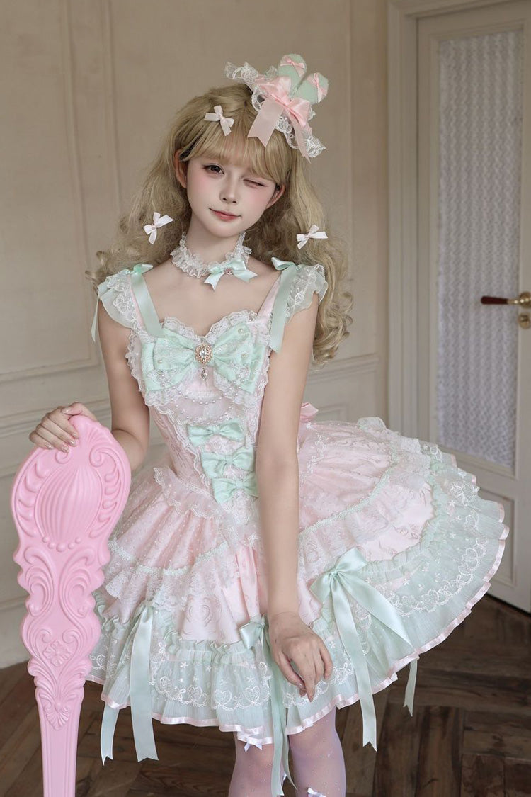 Pink [Candy Satin Ballet] Square Collar Sleeveless Multi-Layered Ruffled Bow Lace Pearl Detail Sweet Lolita Jsk Dress - Product - 2