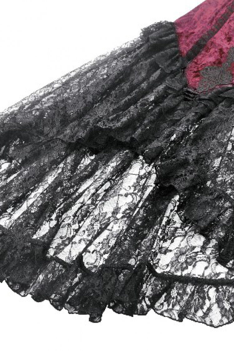 Black/Red Embroidered Velvet Spliced Lace Lace-Up Women's Gothic High/Low Maxi Skirt - Product - 19