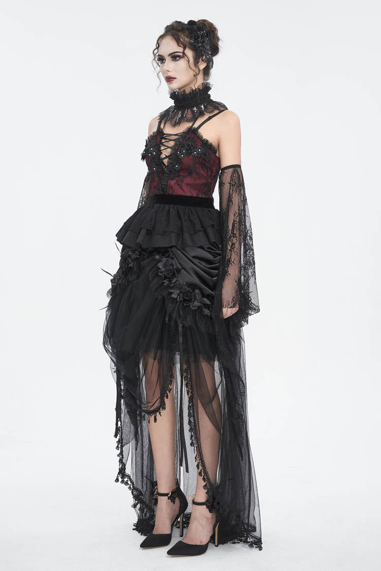 Red Embroidery Stitching Lace Lace-Up Women's Gothic Blouse - Product - 3