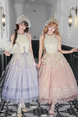 [Tulip Scent] Halterneck Sleeveless Printed Ruffled Lace Lace-Up Fishbone Sweet Lolita Jsk Dress Set (Pink/Purple 2 Colors) - Product - 4