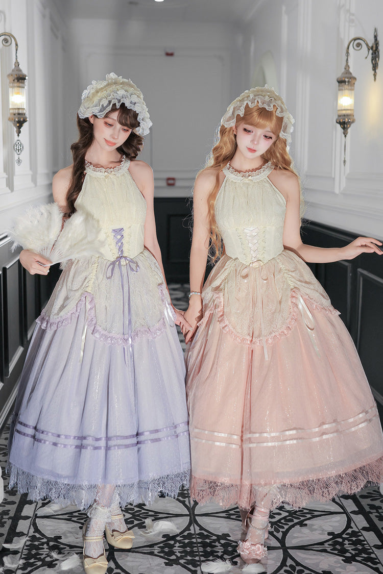 [Tulip Scent] Halterneck Sleeveless Printed Ruffled Lace Lace-Up Fishbone Sweet Lolita Jsk Dress Set (Pink/Purple 2 Colors) - Product - 4
