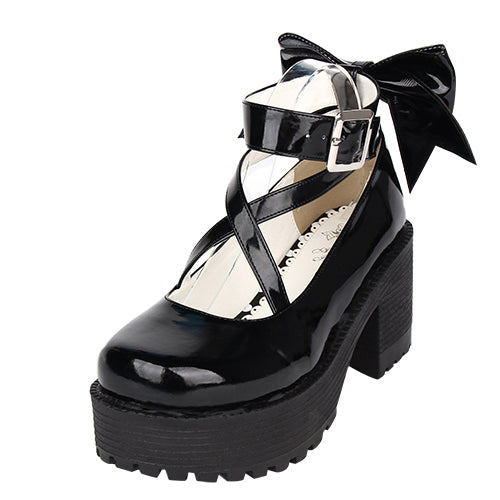 Black Patent Leather Cute Bowknot Lolita Round-toe High Heel Shoes - Product - 4