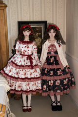 White/Pink [Bell Strawberry Farm] Print Long Sleeves Triple-Layered Ruffle Sweet Lolita Dress - Product - 10