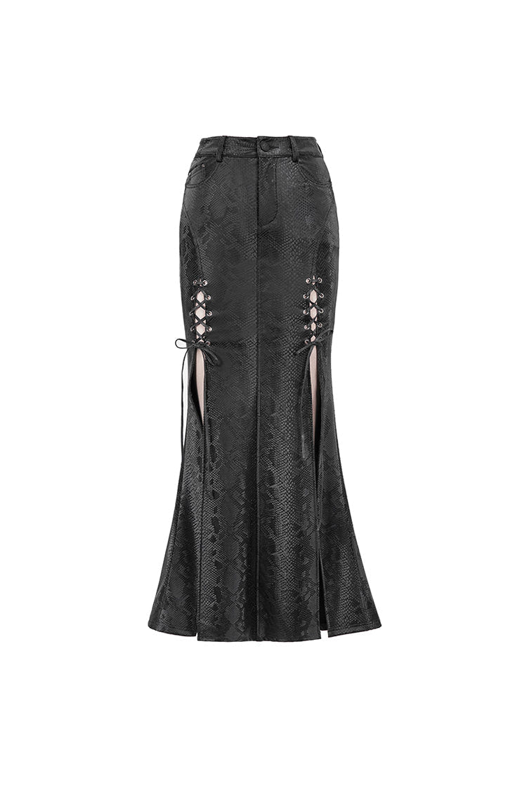 Black Snake Like Leather Side Slit Hem Lace Up Rivet Long Women's Punk Skirt - Product - 6