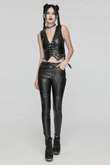 Black Faux Leather V Collar Sleeveless Lace-Up Zipper Women's Punk Vest - Product - 4