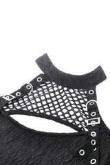 Black Off Shoulder Long Sleeves Cut-Out Spliced Mesh Women's Punk Top - Product - 10